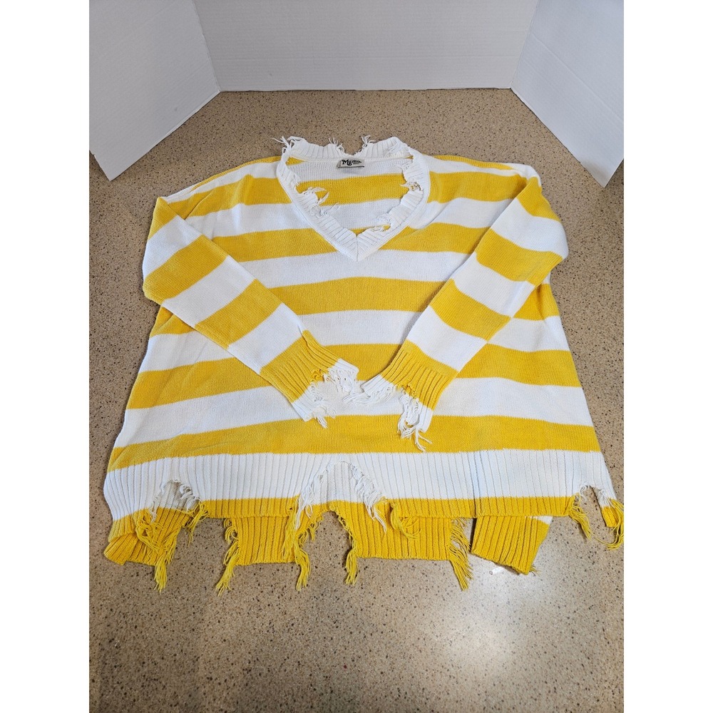 Show Me Your Mumu Delphina Distressed Sweater Yellow Rugby Stripe Small